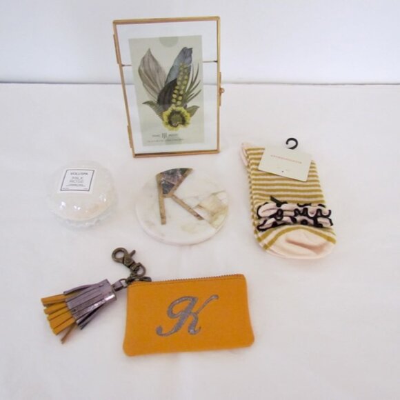 Anthopologe Lot Leather Keychain Wallet Candle Socks Frame Christmas Gifts! NWT - Picture 1 of 14